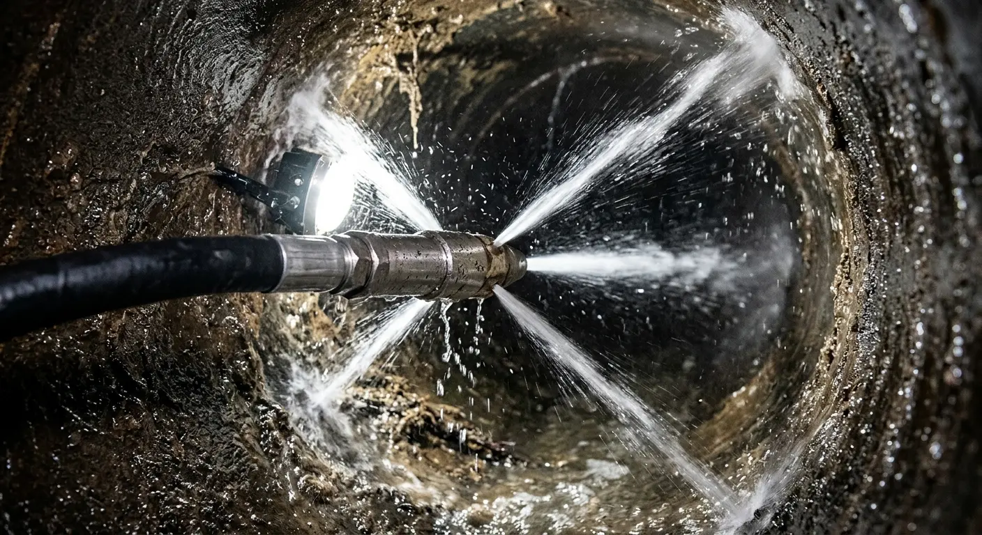 High-pressure hydro jetting nozzle cleaning sewer pipe for Emergency Drain Service in Fruitland