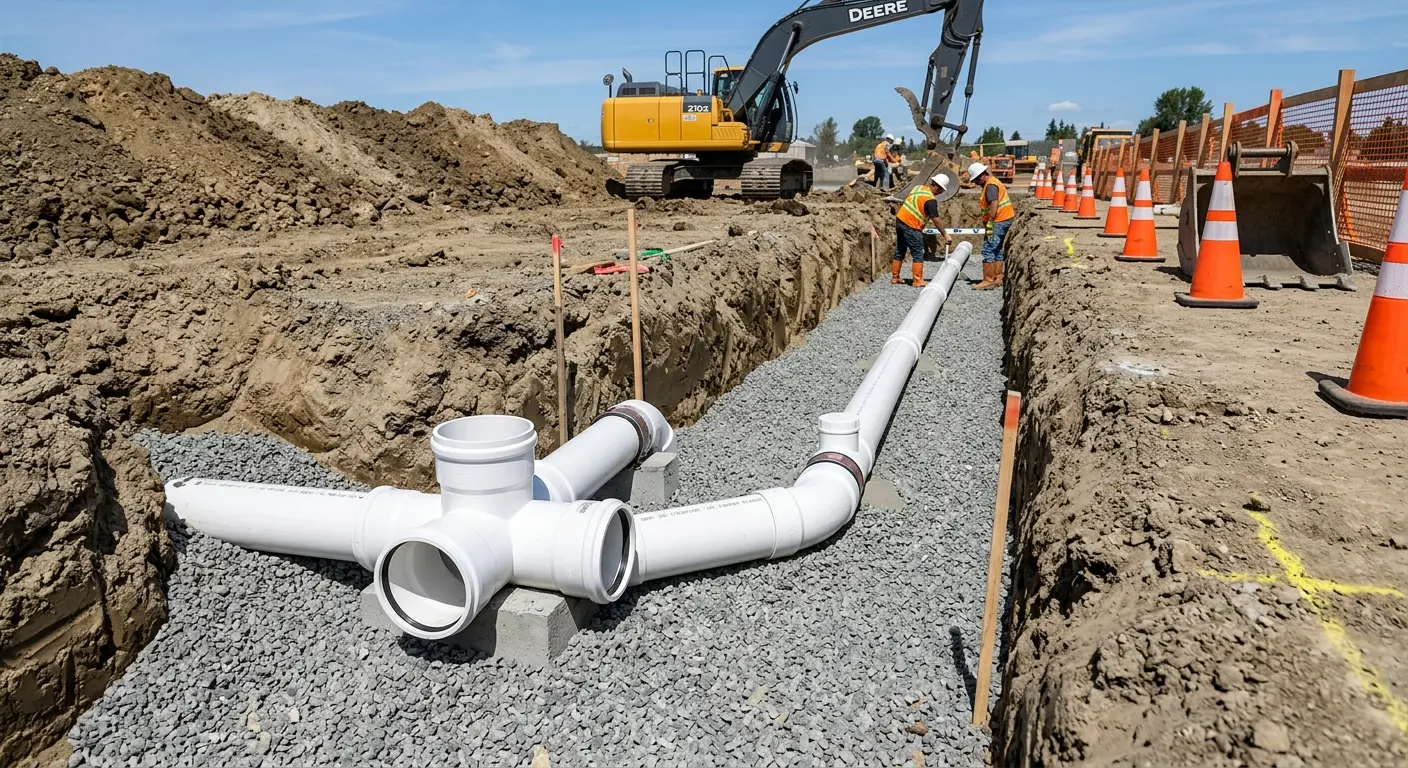 New PVC sewer pipe installation in open trench for Sewer Camera Inspection in Fruitland