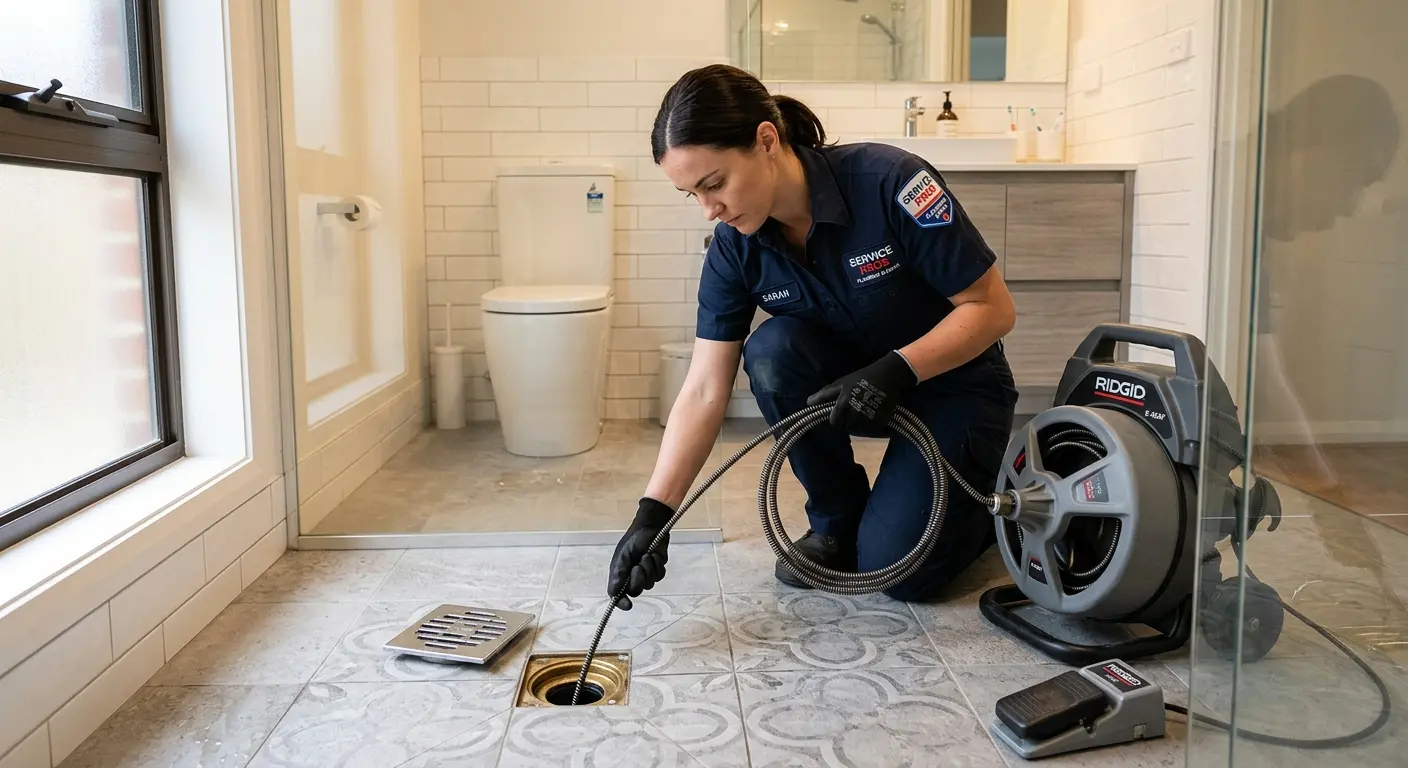 Technician clearing a bathroom floor drain for Drain Cleaning in Fruitland